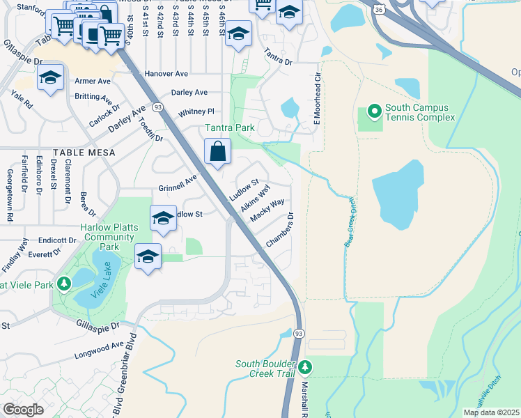 map of restaurants, bars, coffee shops, grocery stores, and more near 4635 Macky Way in Boulder