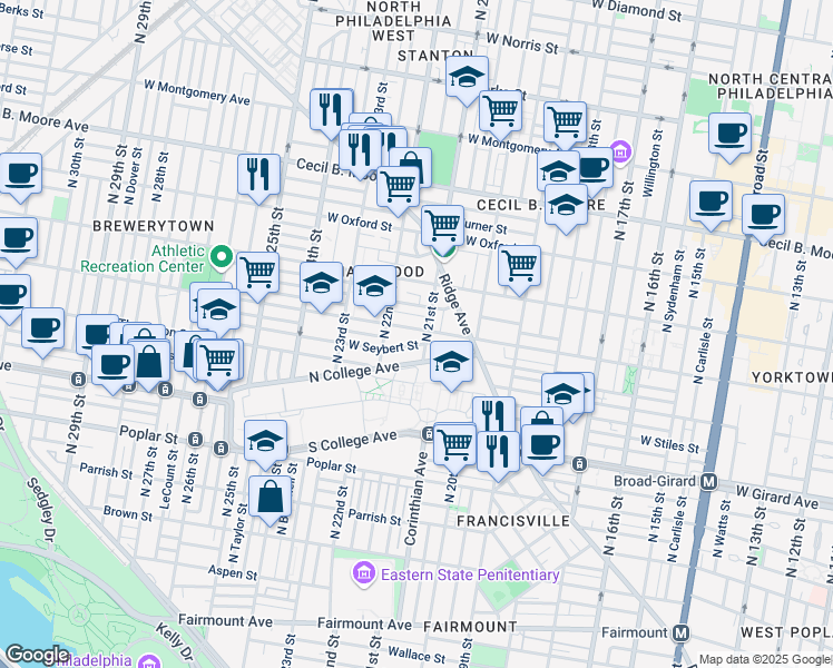 map of restaurants, bars, coffee shops, grocery stores, and more near 2110 Master Street in Philadelphia