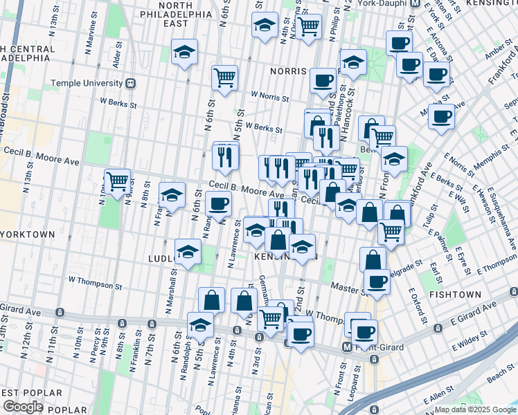 map of restaurants, bars, coffee shops, grocery stores, and more near 1630 Cadwallader Street in Philadelphia