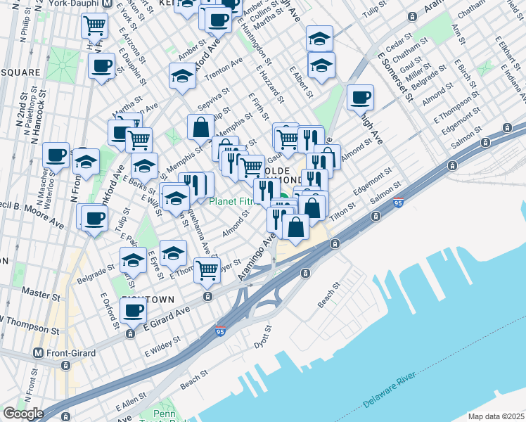 map of restaurants, bars, coffee shops, grocery stores, and more near 2618 East York Street in Philadelphia