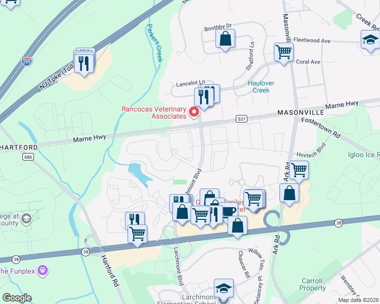 map of restaurants, bars, coffee shops, grocery stores, and more near 1610 Larchmont Place in Mount Laurel Township