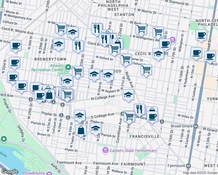 map of restaurants, bars, coffee shops, grocery stores, and more near 1322 North 22nd Street in Philadelphia