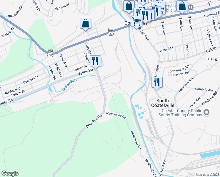 map of restaurants, bars, coffee shops, grocery stores, and more near 62 Gap Road in Coatesville