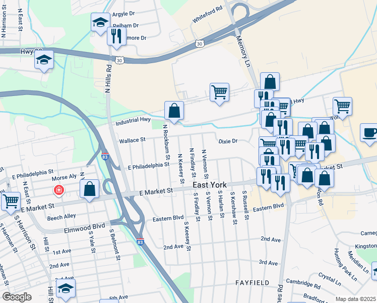 map of restaurants, bars, coffee shops, grocery stores, and more near 118 North Findlay Street in East York