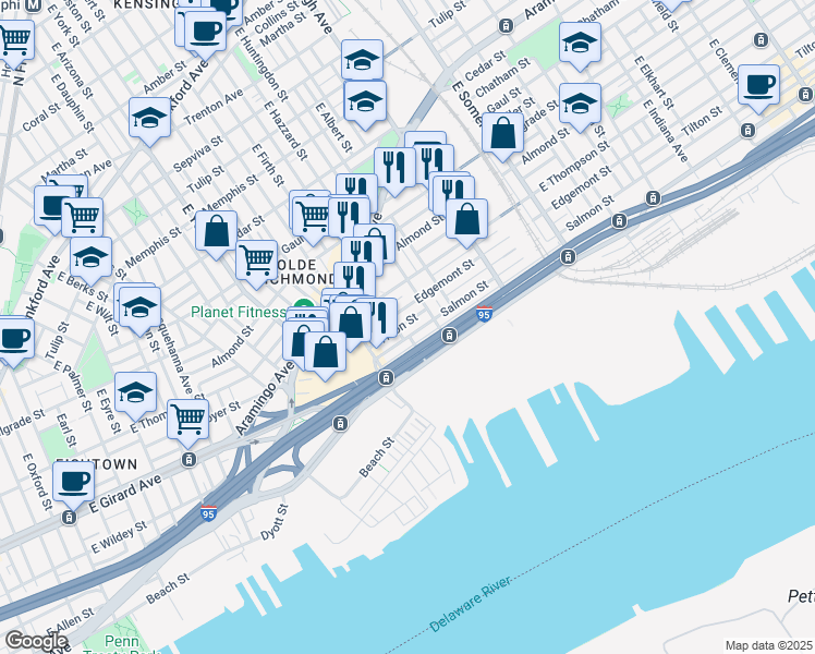 map of restaurants, bars, coffee shops, grocery stores, and more near 2547 Tilton Street in Philadelphia