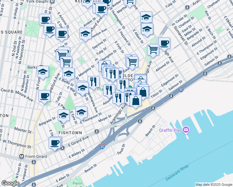 map of restaurants, bars, coffee shops, grocery stores, and more near 2323 Almond Street in Philadelphia
