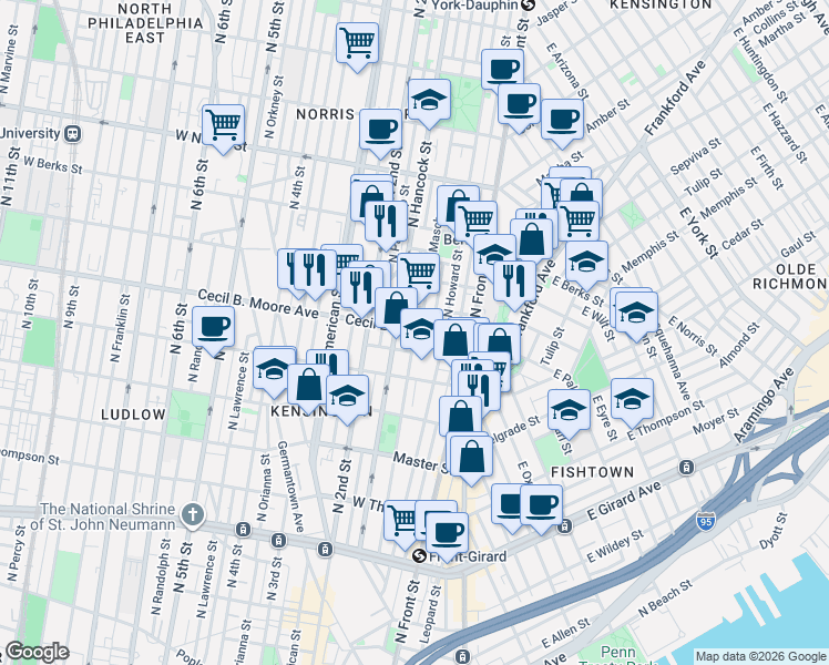 map of restaurants, bars, coffee shops, grocery stores, and more near 3 Cecil B Moore Ave in Philadelphia