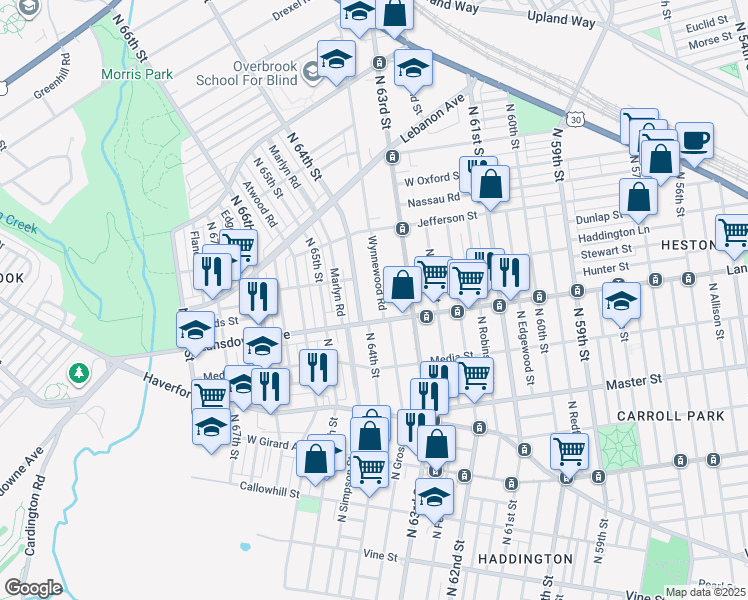 map of restaurants, bars, coffee shops, grocery stores, and more near 836 Wynnewood Road in Philadelphia