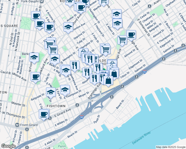 map of restaurants, bars, coffee shops, grocery stores, and more near 2323 Almond Street in Philadelphia