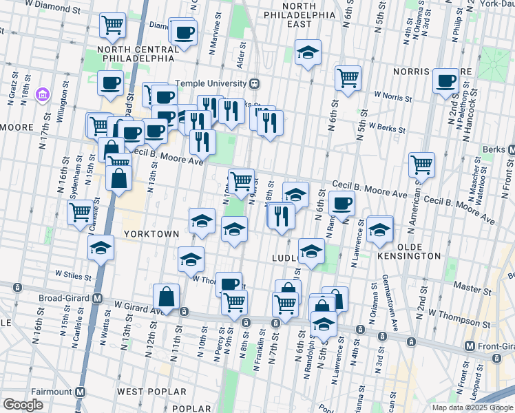 map of restaurants, bars, coffee shops, grocery stores, and more near 1558 North Darien Street in Philadelphia