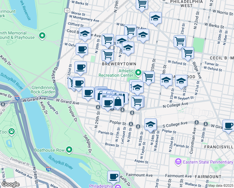 map of restaurants, bars, coffee shops, grocery stores, and more near 2732 West Thompson Street in Philadelphia