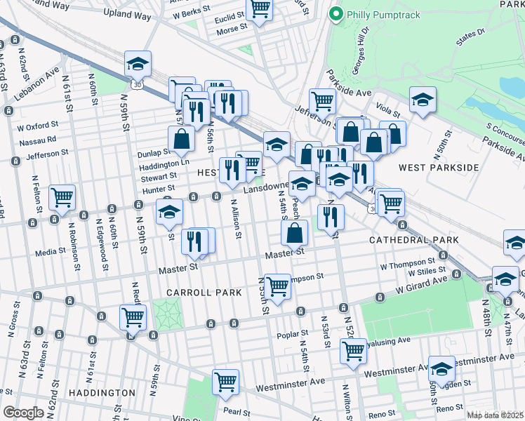 map of restaurants, bars, coffee shops, grocery stores, and more near 1510 North Conestoga Street in Philadelphia