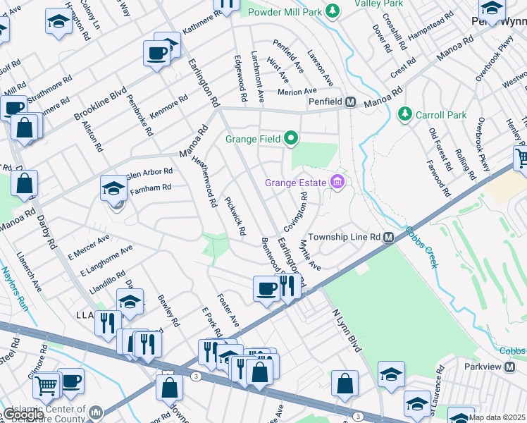 map of restaurants, bars, coffee shops, grocery stores, and more near 214 Earlington Road in Havertown