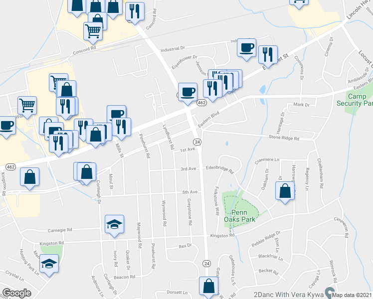 map of restaurants, bars, coffee shops, grocery stores, and more near 1st Avenue in York County