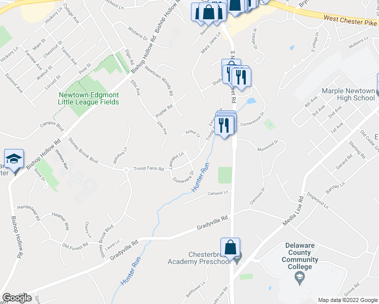 map of restaurants, bars, coffee shops, grocery stores, and more near 409 Merlin Road in Delaware County