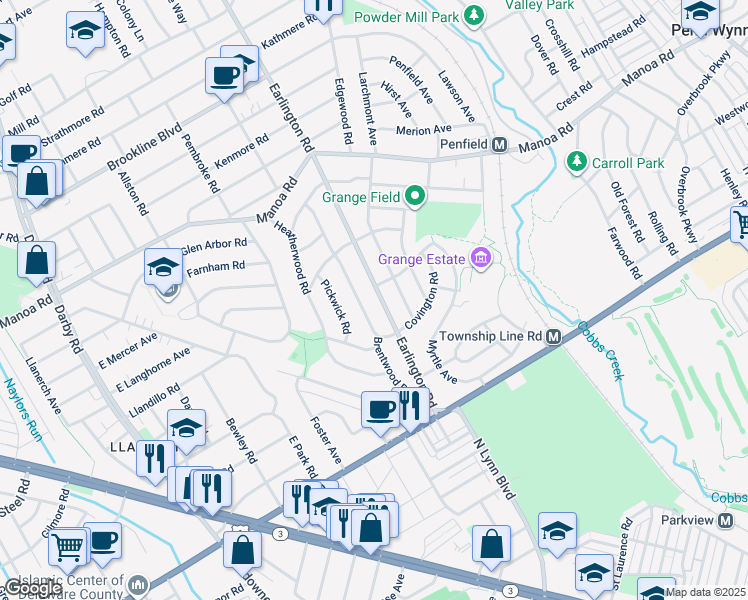 map of restaurants, bars, coffee shops, grocery stores, and more near 214 Earlington Road in Havertown