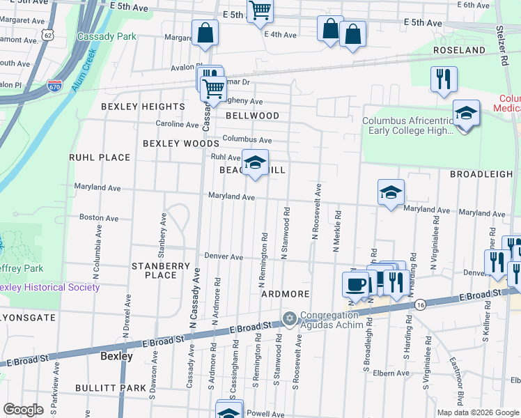 map of restaurants, bars, coffee shops, grocery stores, and more near 253 North Remington Road in Columbus