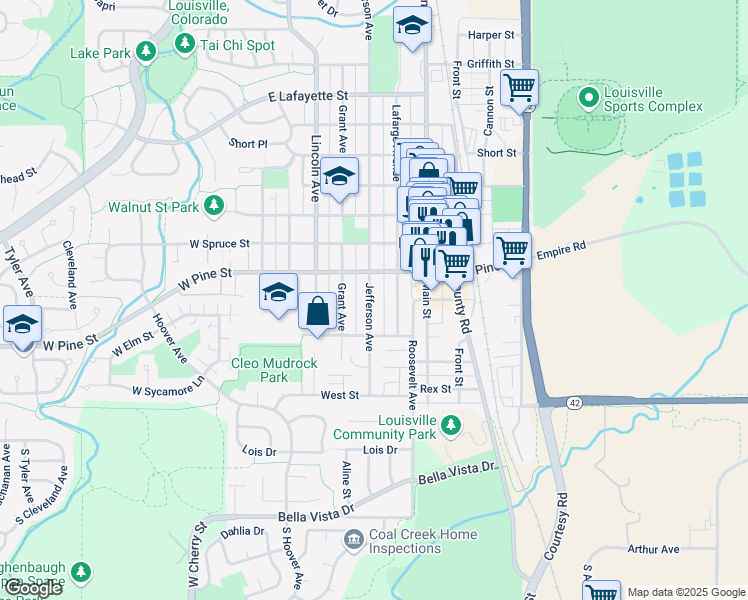 map of restaurants, bars, coffee shops, grocery stores, and more near 624 Pine Street in Louisville