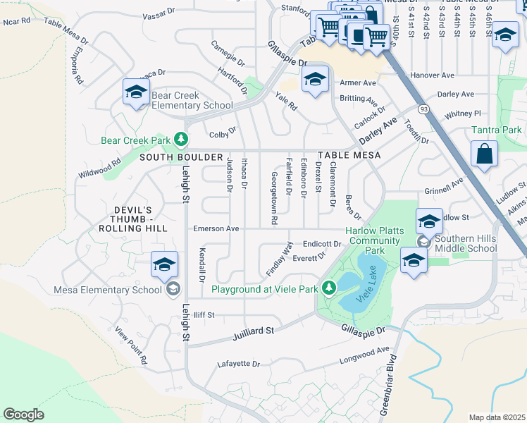 map of restaurants, bars, coffee shops, grocery stores, and more near 1295 Georgetown Road in Boulder