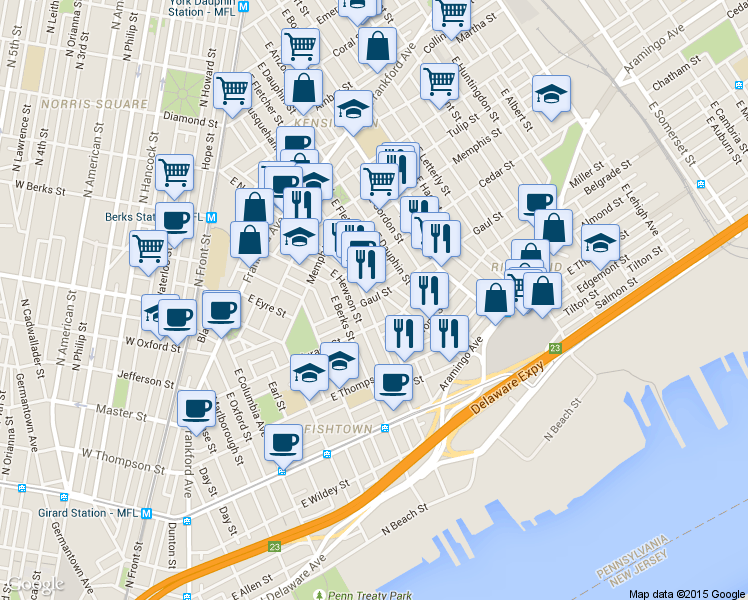 map of restaurants, bars, coffee shops, grocery stores, and more near 2437 East Dauphin Street in Philadelphia