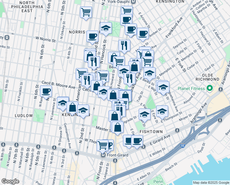 map of restaurants, bars, coffee shops, grocery stores, and more near 1739 North Howard Street in Philadelphia