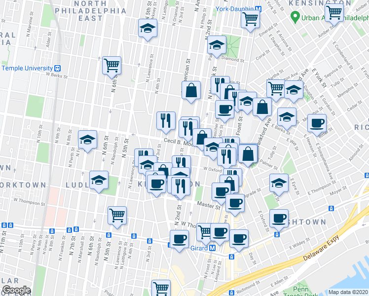 map of restaurants, bars, coffee shops, grocery stores, and more near 1717 North 2nd Street in Philadelphia