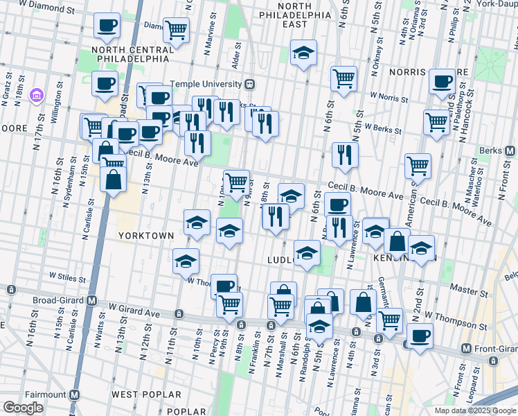 map of restaurants, bars, coffee shops, grocery stores, and more near 1617 North 8th Street in Philadelphia