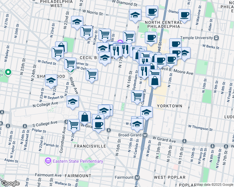 map of restaurants, bars, coffee shops, grocery stores, and more near 1684 West Jefferson Street in Philadelphia