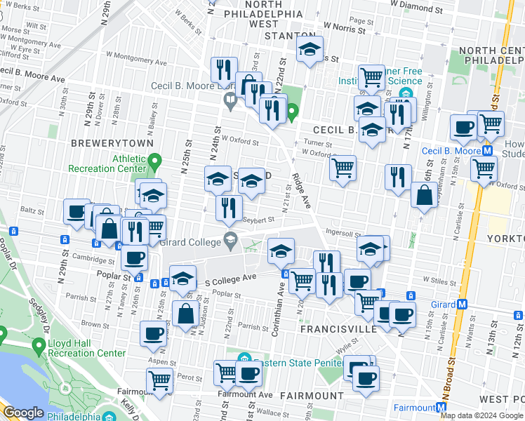 map of restaurants, bars, coffee shops, grocery stores, and more near 2122 Sharswood Street in Philadelphia