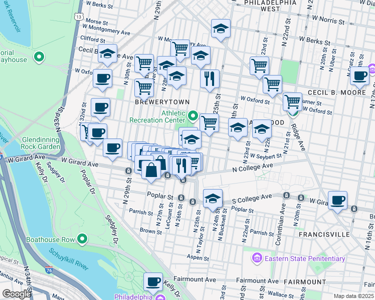 map of restaurants, bars, coffee shops, grocery stores, and more near 1304 North 26th Street in Philadelphia