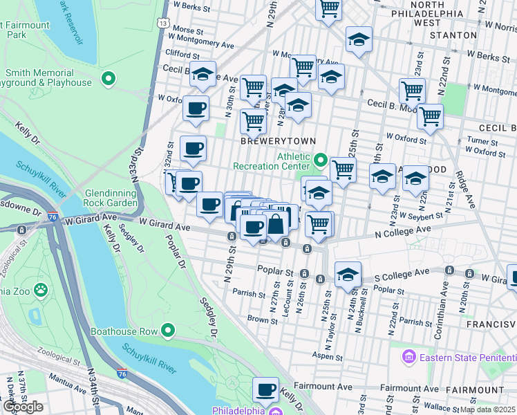 map of restaurants, bars, coffee shops, grocery stores, and more near 1261 North Newkirk Street in Philadelphia