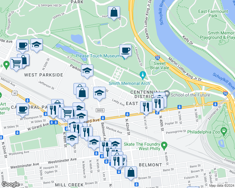 map of restaurants, bars, coffee shops, grocery stores, and more near 4212 Parkside Avenue in Philadelphia