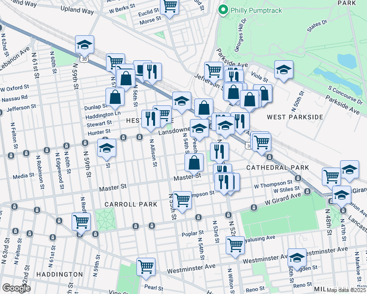 map of restaurants, bars, coffee shops, grocery stores, and more near 1529 North 54th Street in Philadelphia