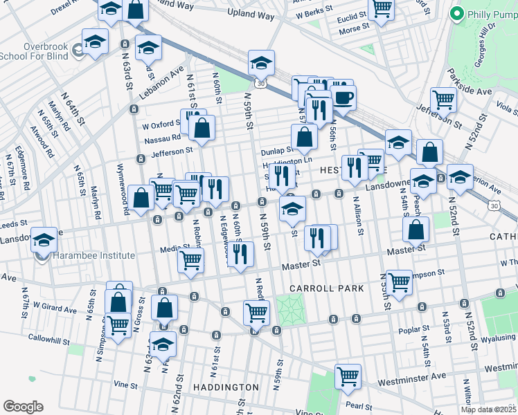map of restaurants, bars, coffee shops, grocery stores, and more near 1615 North 59th Street in Philadelphia