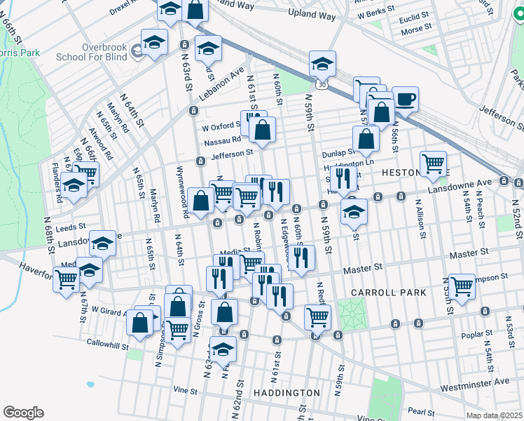 map of restaurants, bars, coffee shops, grocery stores, and more near 6117 Lansdowne Avenue in Philadelphia