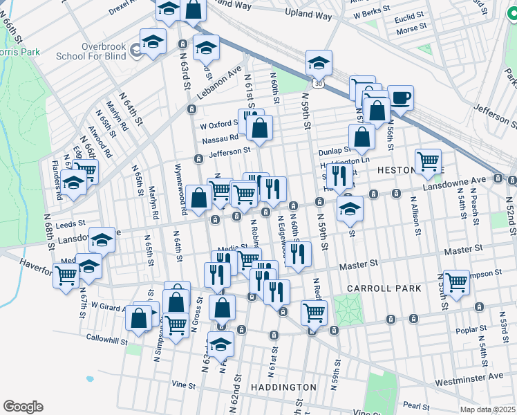 map of restaurants, bars, coffee shops, grocery stores, and more near 6117 Lansdowne Avenue in Philadelphia