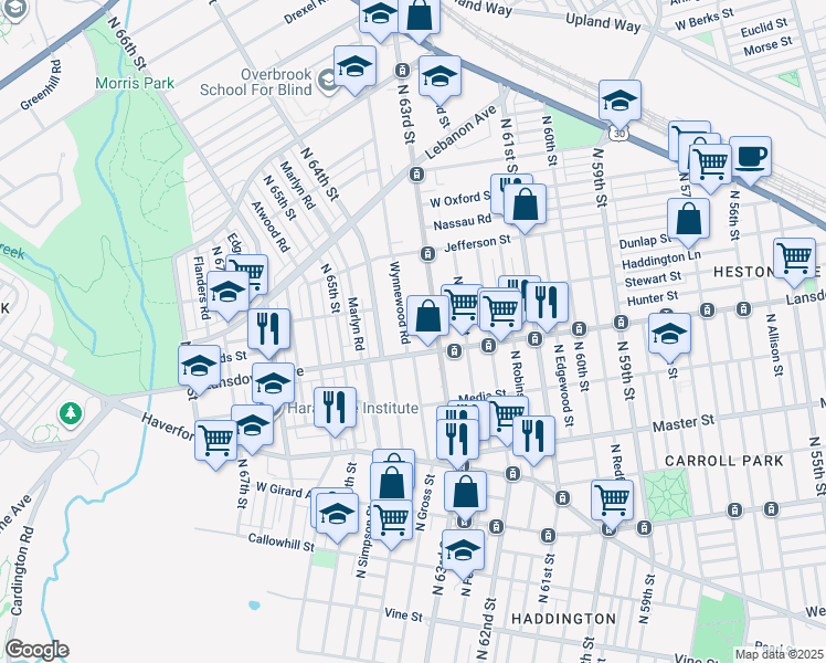 map of restaurants, bars, coffee shops, grocery stores, and more near 818 North 63rd Street in Philadelphia