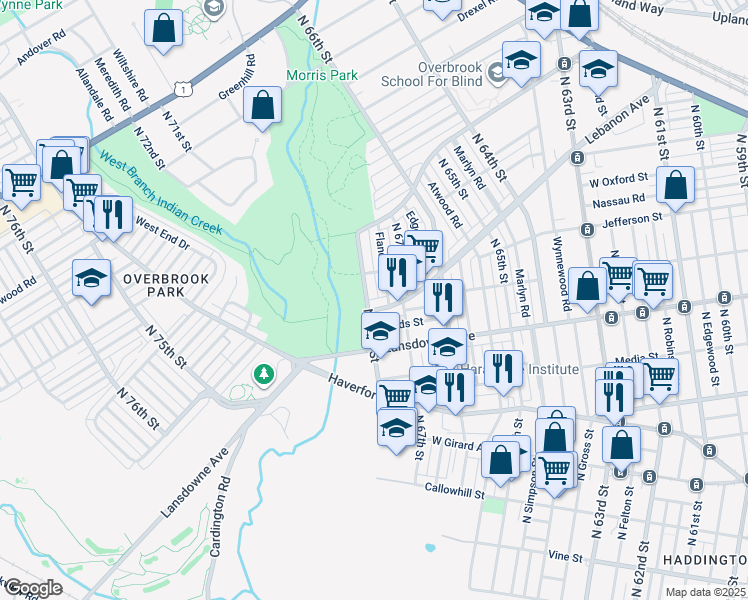 map of restaurants, bars, coffee shops, grocery stores, and more near 932 Flanders Road in Philadelphia