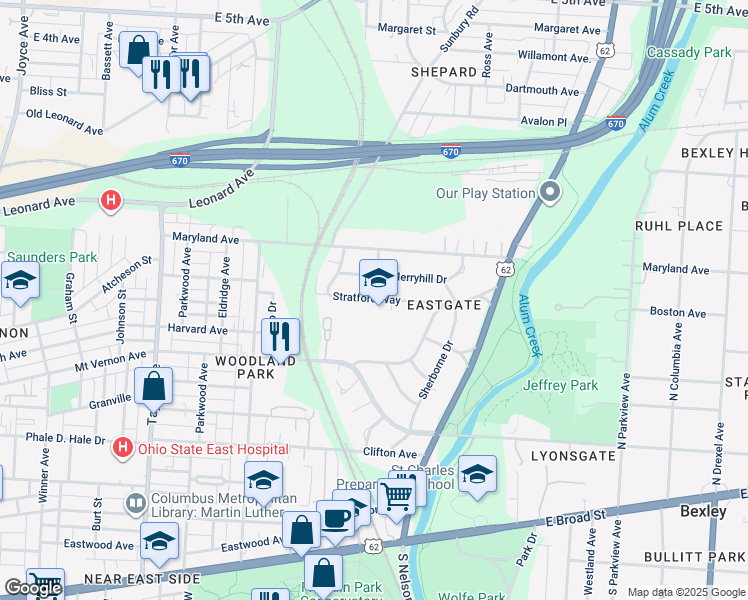 map of restaurants, bars, coffee shops, grocery stores, and more near 1919 Merryhill Drive in Columbus