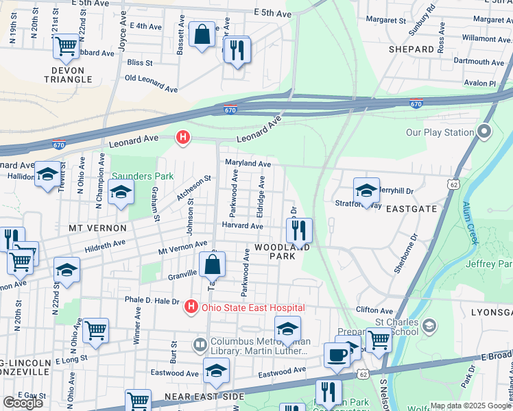 map of restaurants, bars, coffee shops, grocery stores, and more near 1639 Emerald Avenue in Columbus