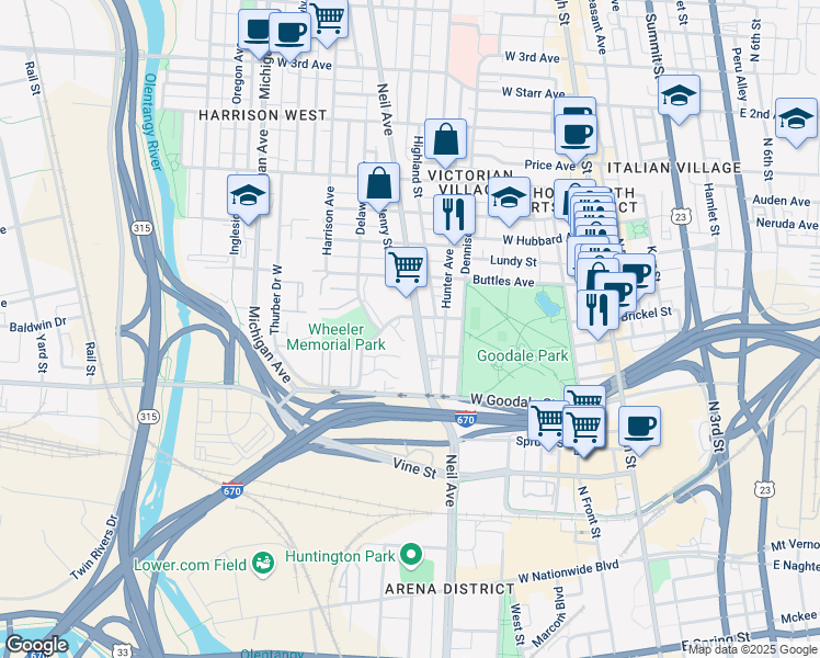 map of restaurants, bars, coffee shops, grocery stores, and more near 288 Collins Avenue in Columbus