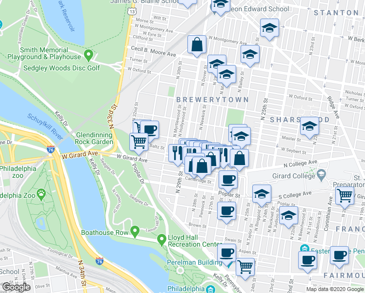 map of restaurants, bars, coffee shops, grocery stores, and more near 1246 North 29th Street in Philadelphia