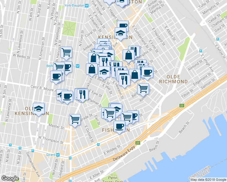 map of restaurants, bars, coffee shops, grocery stores, and more near 1520 East Berks Street in Philadelphia