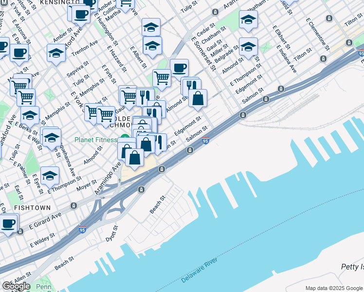 map of restaurants, bars, coffee shops, grocery stores, and more near 2730 East Huntingdon Street in Philadelphia