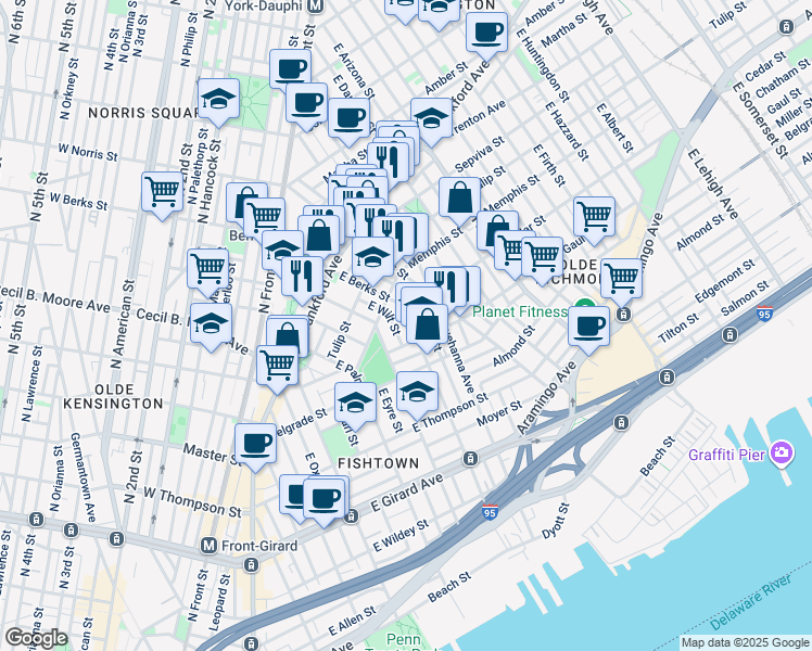 map of restaurants, bars, coffee shops, grocery stores, and more near 1520 East Berks Street in Philadelphia