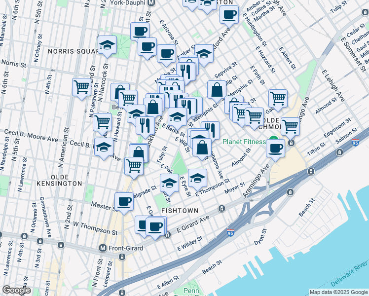 map of restaurants, bars, coffee shops, grocery stores, and more near 1466 East Wilt Street in Philadelphia