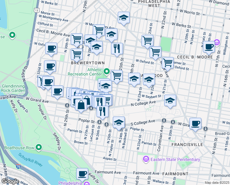 map of restaurants, bars, coffee shops, grocery stores, and more near 1314 North 25th Street in Philadelphia