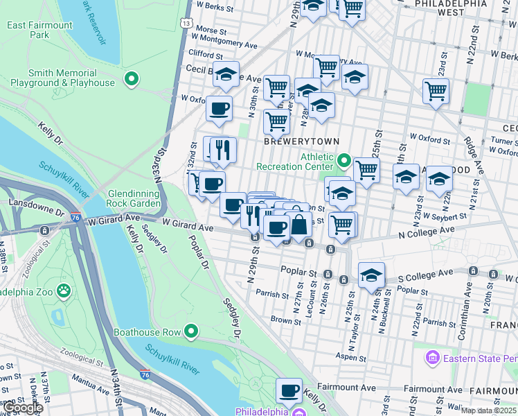 map of restaurants, bars, coffee shops, grocery stores, and more near 1246 North 29th Street in Philadelphia