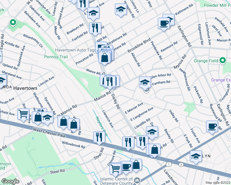 map of restaurants, bars, coffee shops, grocery stores, and more near 917 Darby Road in Havertown