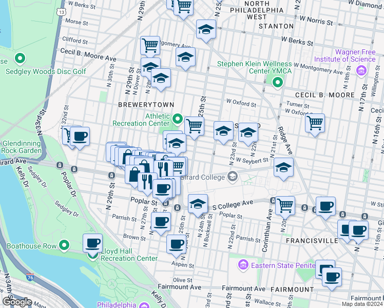 map of restaurants, bars, coffee shops, grocery stores, and more near 1314 North 25th Street in Philadelphia